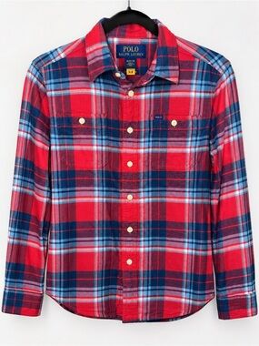 Polo Ralph Lauren Boys M 10-12 Red Blue Plaid Performance Flannel Shirt